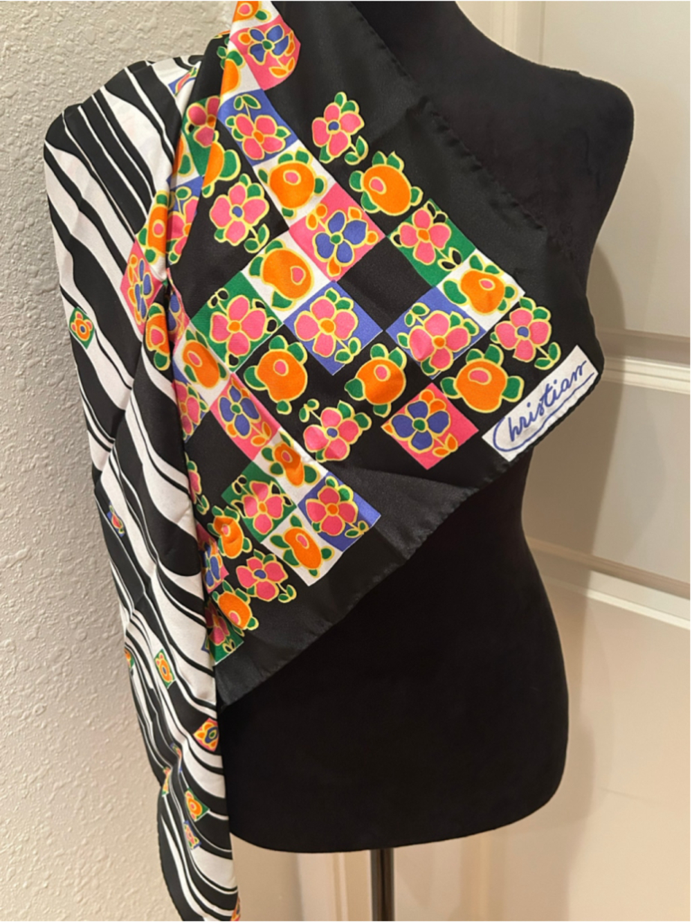 Women's Christian Floral & Stripe Scarf made in Italy 30 x 30 black orange